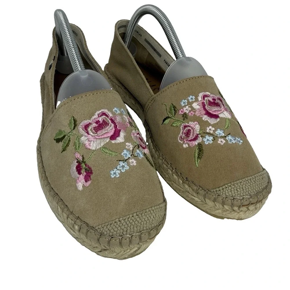 Fabiolas Espadrilles Tan Suede Leather‎ Women's Floral 9.5/41 Slip On New Summer